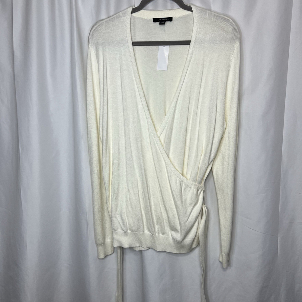Ann Taylor Women’s Wrap Sweater Top Ivory Long Sleeve XL Stretch Side Tie
